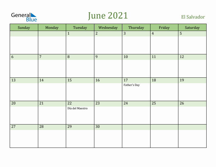 June 2021 Calendar with El Salvador Holidays