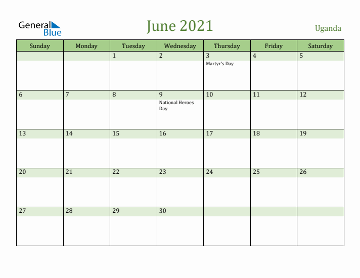 June 2021 Calendar with Uganda Holidays