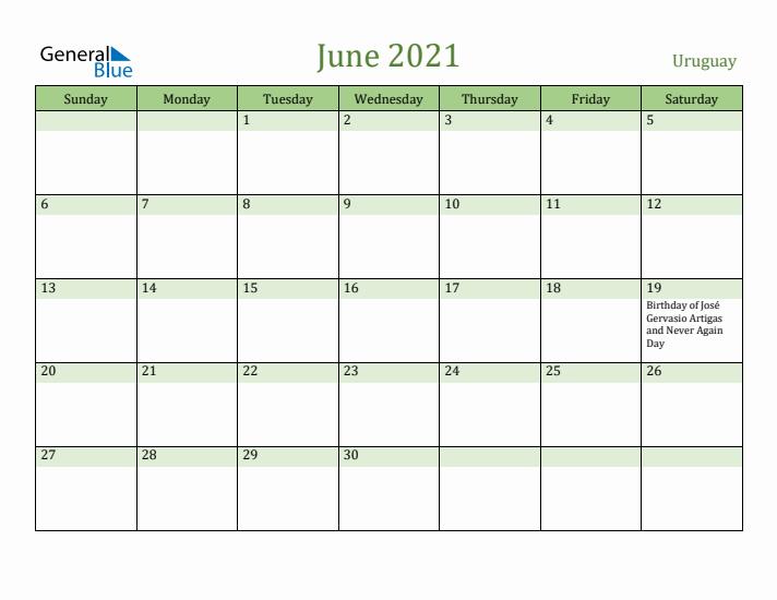 June 2021 Calendar with Uruguay Holidays