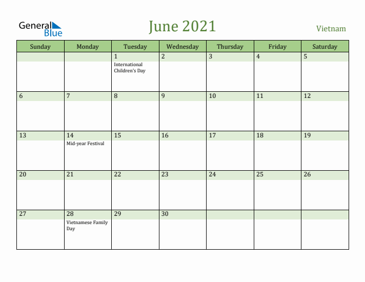 June 2021 Calendar with Vietnam Holidays