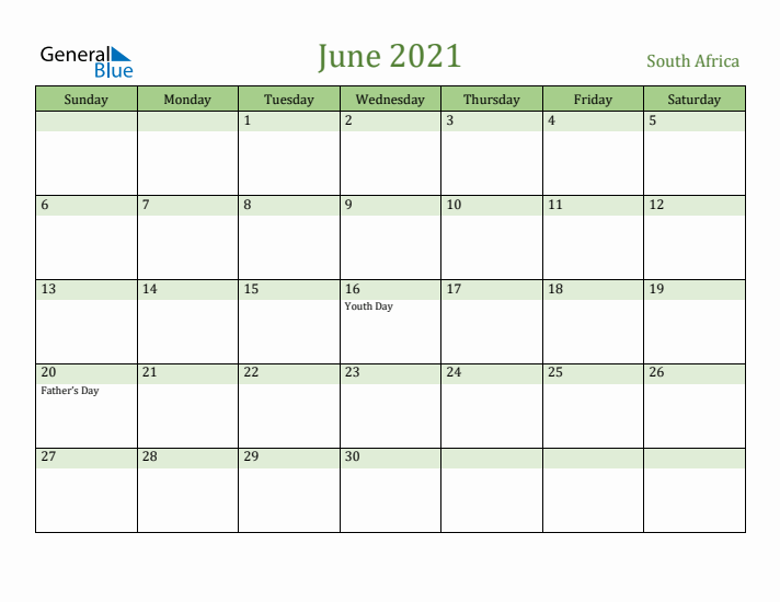 June 2021 Calendar with South Africa Holidays