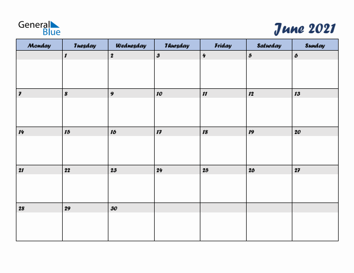 June 2021 Blue Calendar (Monday Start)