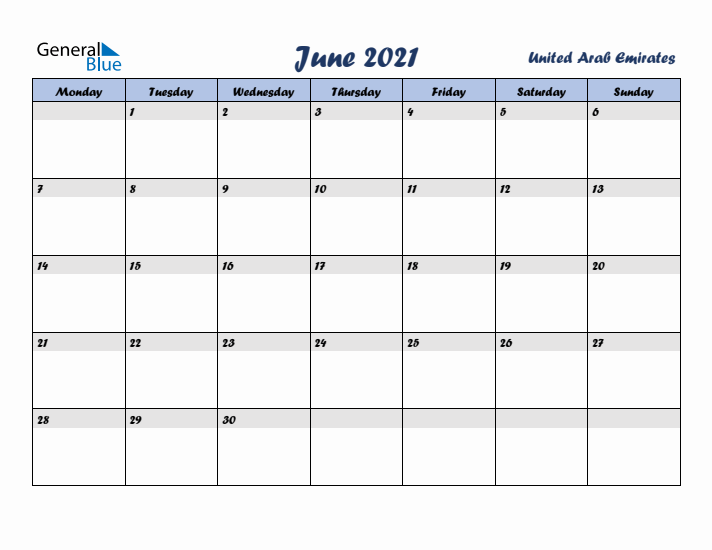 June 2021 Calendar with Holidays in United Arab Emirates