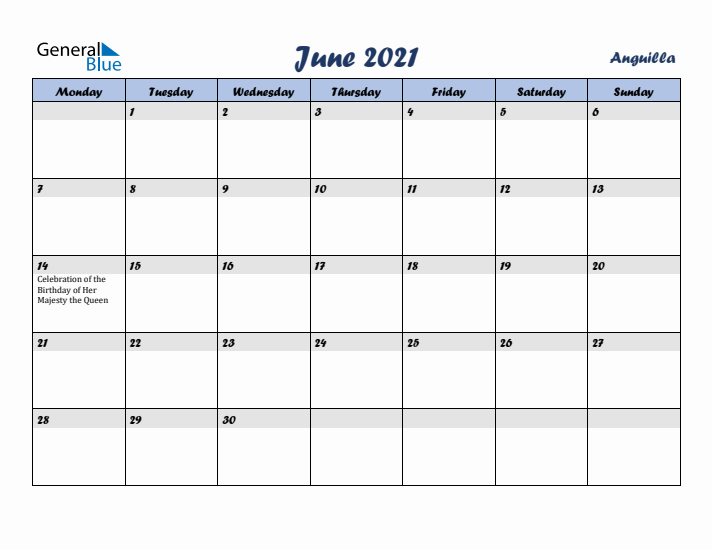 June 2021 Calendar with Holidays in Anguilla