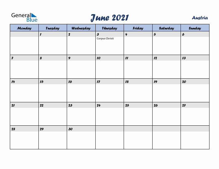 June 2021 Calendar with Holidays in Austria