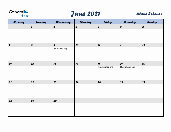 June 2021 Calendar with Holidays in Aland Islands