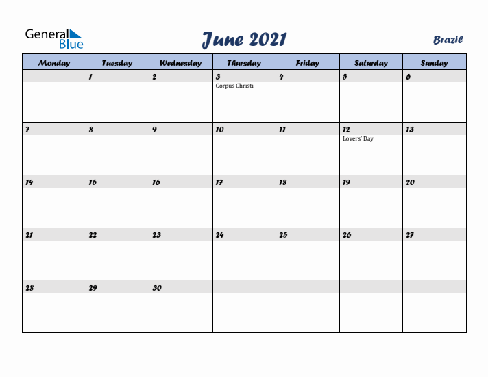 June 2021 Calendar with Holidays in Brazil