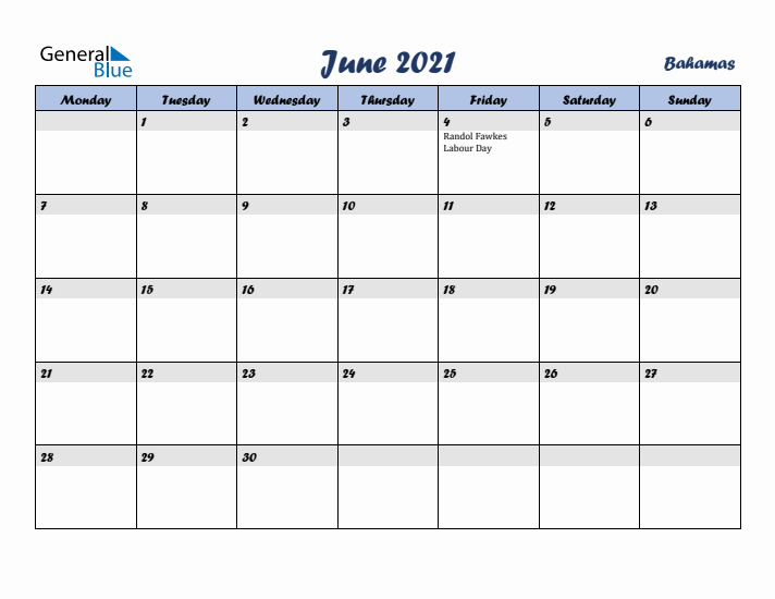 June 2021 Calendar with Holidays in Bahamas