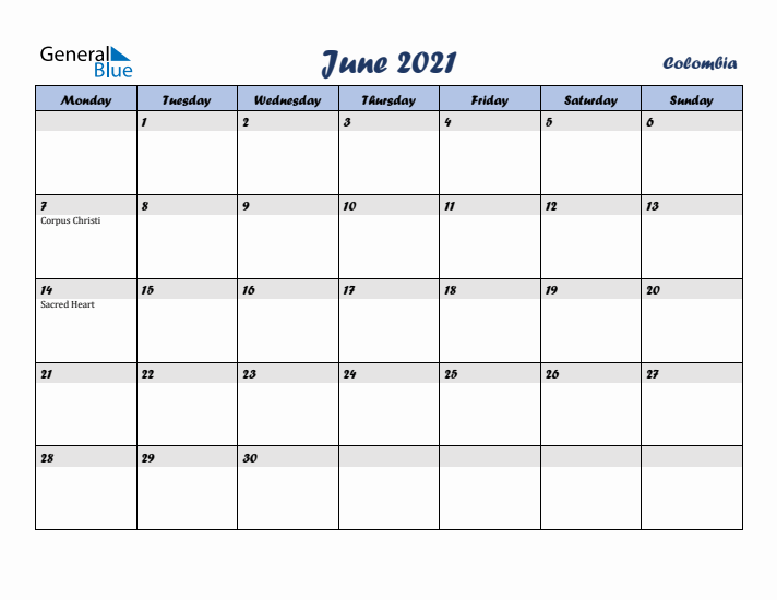 June 2021 Calendar with Holidays in Colombia