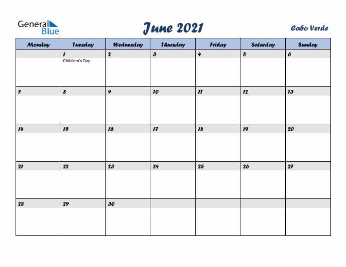 June 2021 Calendar with Holidays in Cabo Verde