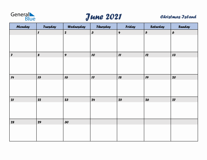 June 2021 Calendar with Holidays in Christmas Island