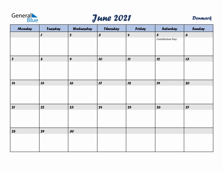 June 2021 Calendar with Holidays in Denmark