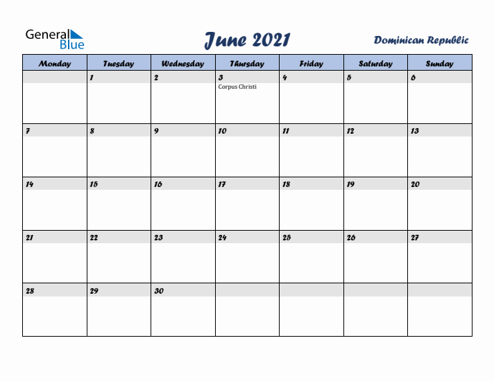 June 2021 Calendar with Holidays in Dominican Republic