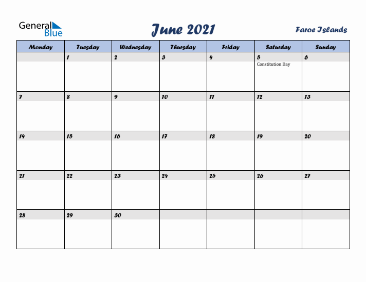 June 2021 Calendar with Holidays in Faroe Islands