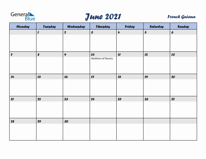 June 2021 Calendar with Holidays in French Guiana