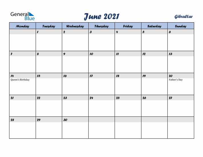 June 2021 Calendar with Holidays in Gibraltar