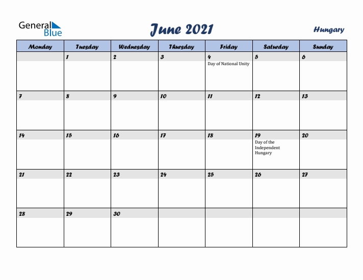 June 2021 Calendar with Holidays in Hungary