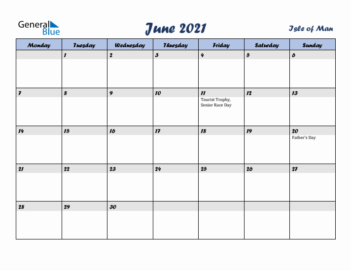 June 2021 Calendar with Holidays in Isle of Man