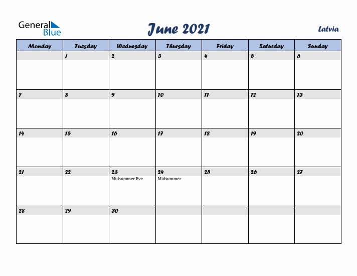 June 2021 Calendar with Holidays in Latvia