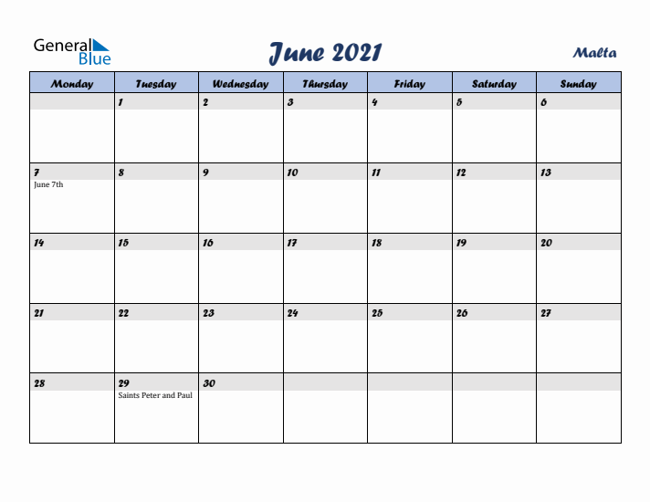 June 2021 Calendar with Holidays in Malta