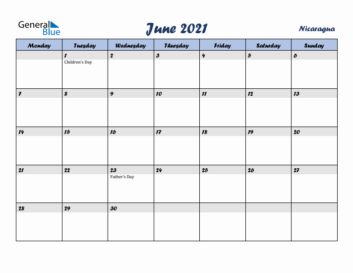 June 2021 Calendar with Holidays in Nicaragua
