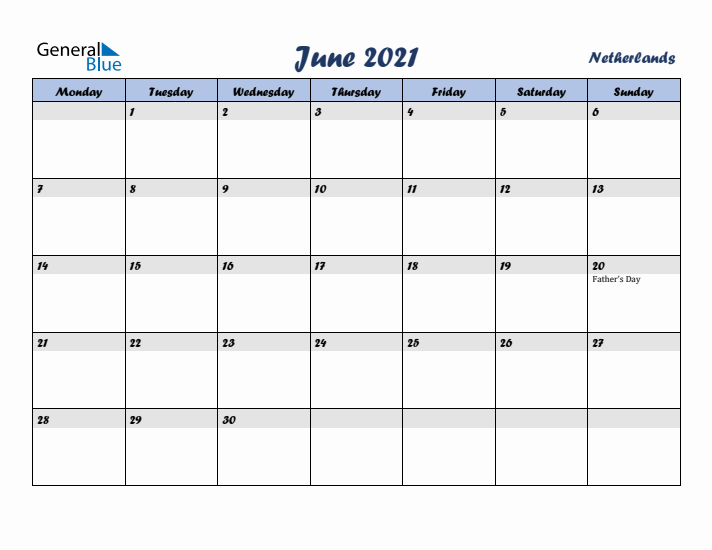 June 2021 Calendar with Holidays in The Netherlands