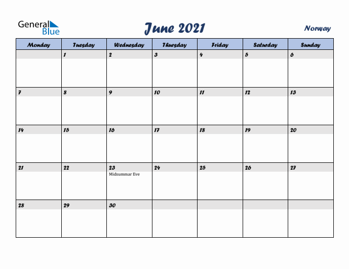 June 2021 Calendar with Holidays in Norway