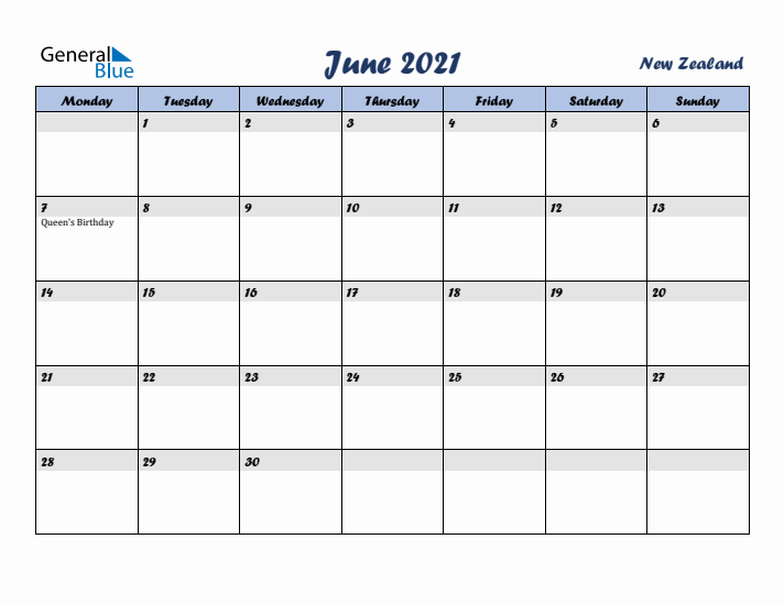 June 2021 Calendar with Holidays in New Zealand