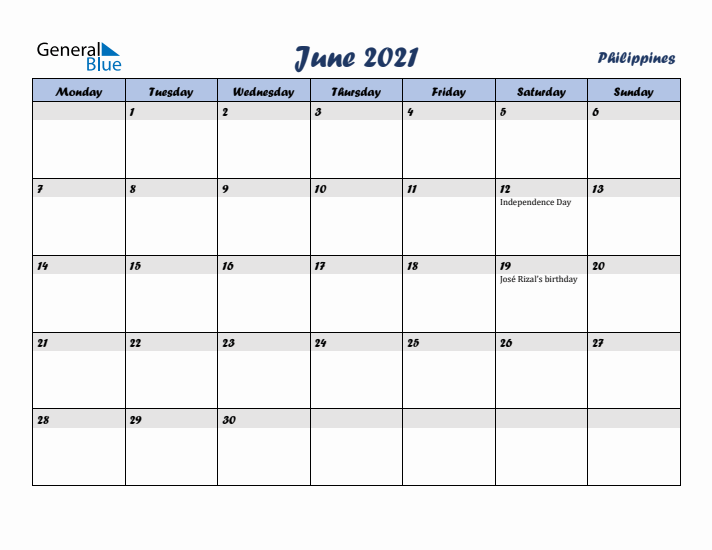 June 2021 Calendar with Holidays in Philippines