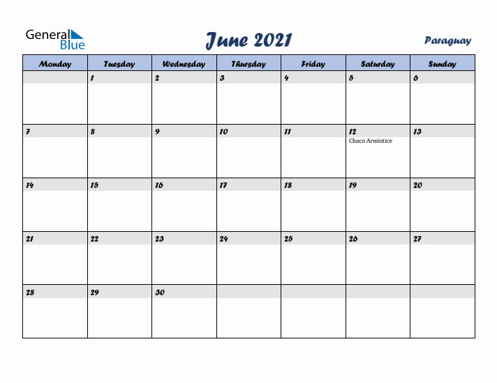 June 2021 Calendar with Holidays in Paraguay