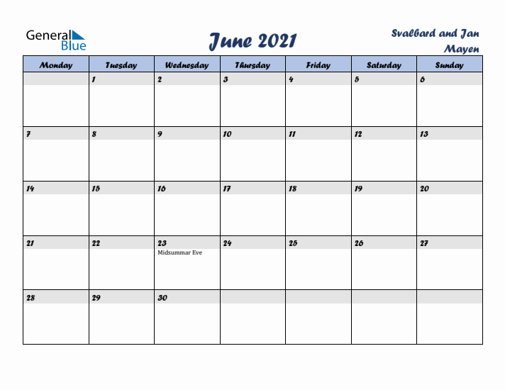 June 2021 Calendar with Holidays in Svalbard and Jan Mayen