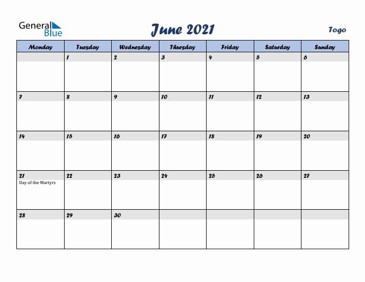 June 2021 Calendar with Holidays in Togo