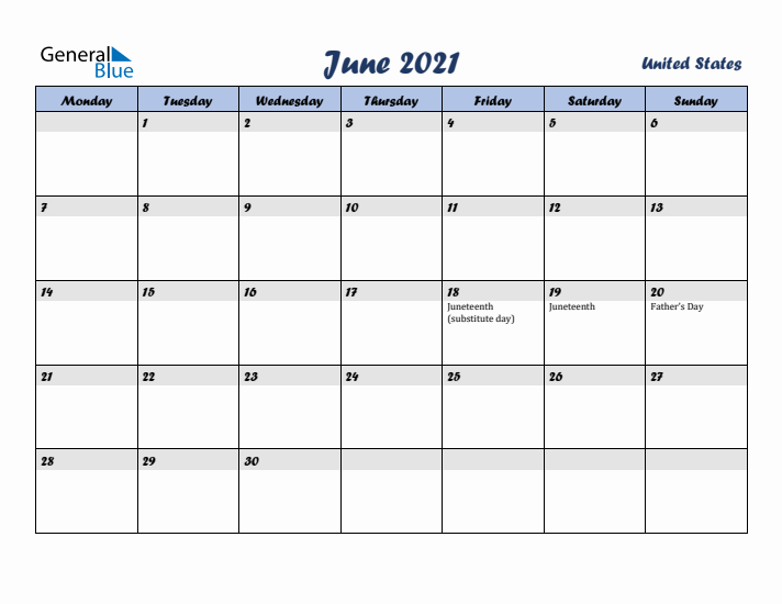 June 2021 Calendar with Holidays in United States