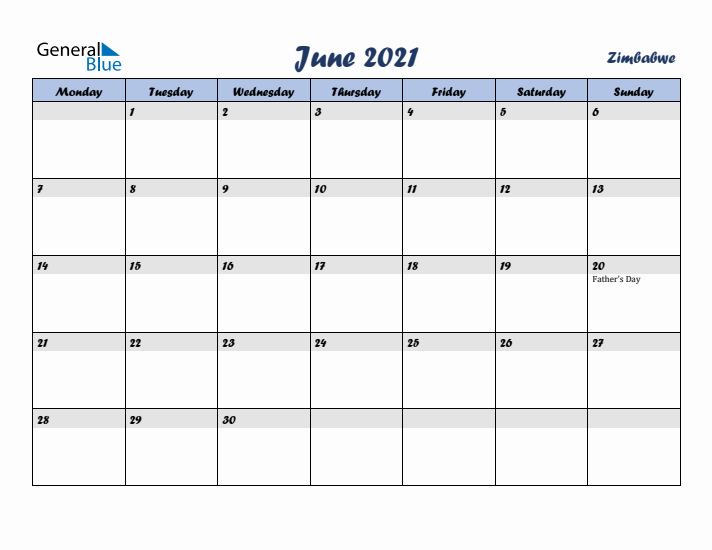 June 2021 Calendar with Holidays in Zimbabwe