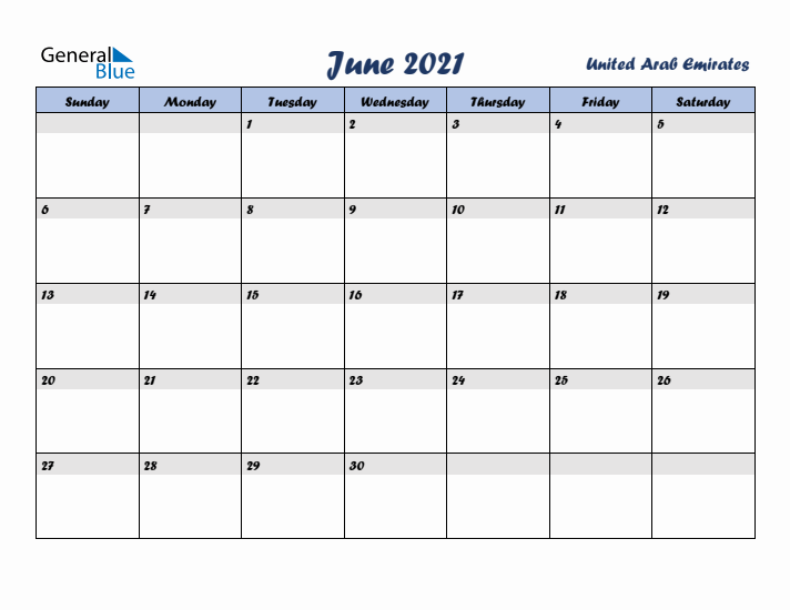 June 2021 Calendar with Holidays in United Arab Emirates