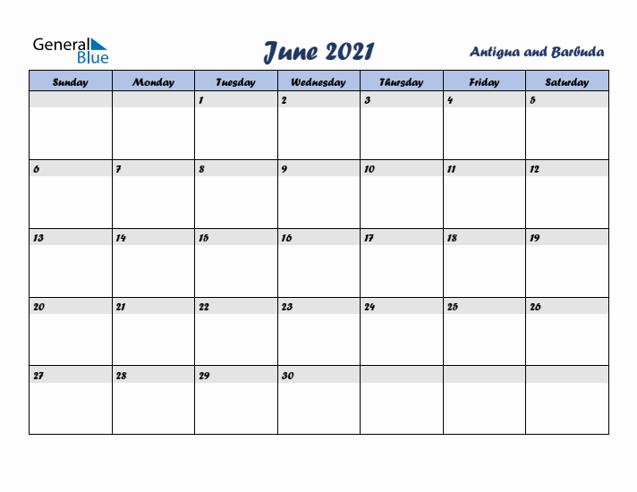 June 2021 Calendar with Holidays in Antigua and Barbuda