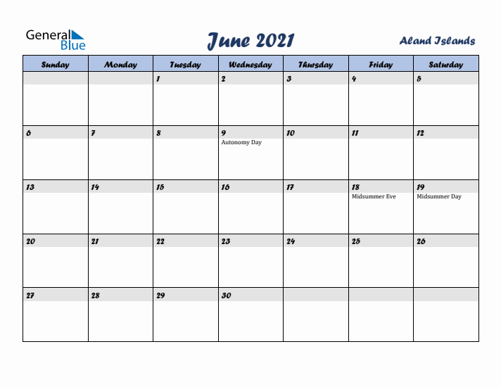 June 2021 Calendar with Holidays in Aland Islands