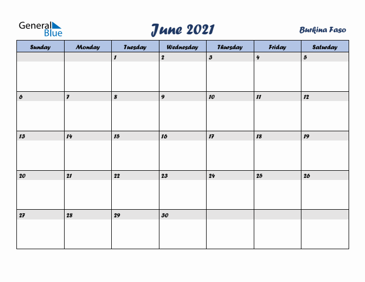 June 2021 Calendar with Holidays in Burkina Faso