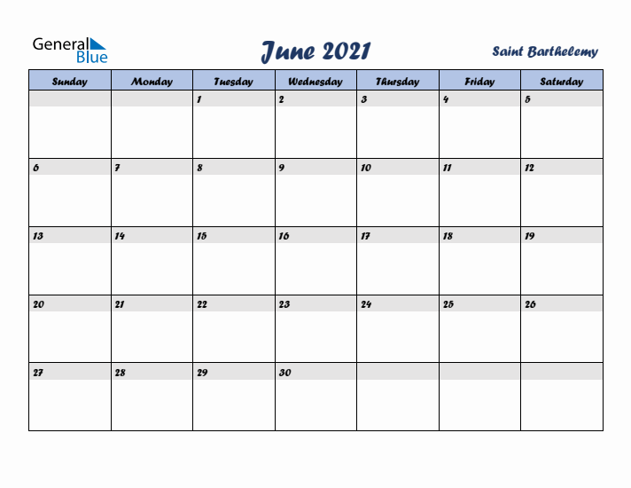 June 2021 Calendar with Holidays in Saint Barthelemy