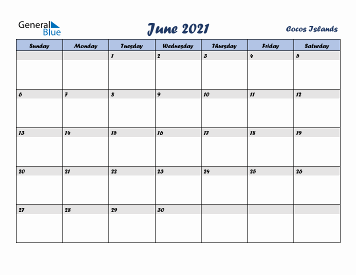 June 2021 Calendar with Holidays in Cocos Islands