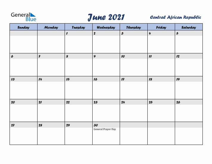 June 2021 Calendar with Holidays in Central African Republic
