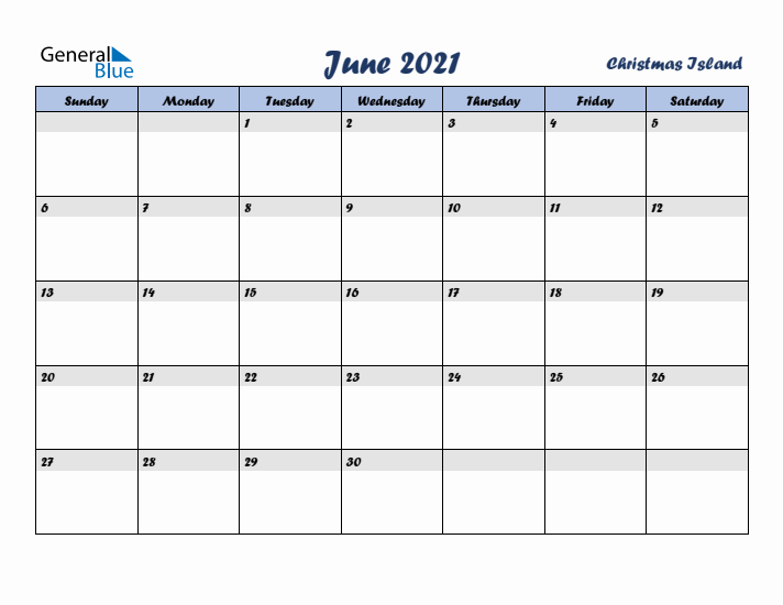 June 2021 Calendar with Holidays in Christmas Island