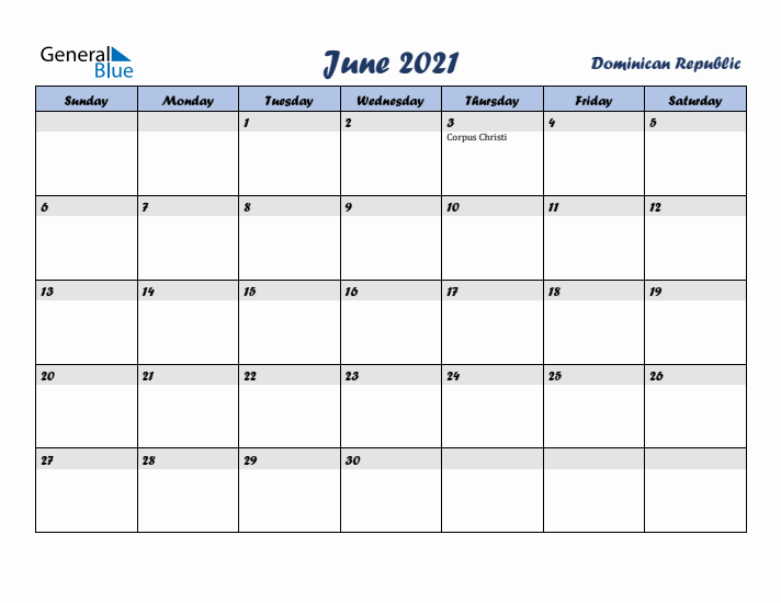 June 2021 Calendar with Holidays in Dominican Republic