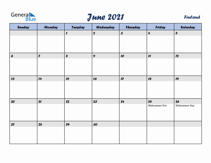 June 2021 Calendar with Holidays in Finland