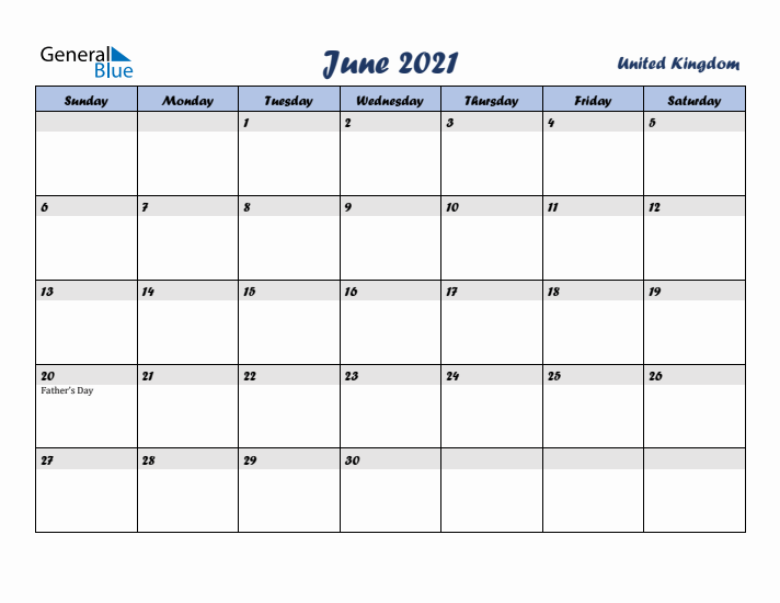 June 2021 Calendar with Holidays in United Kingdom