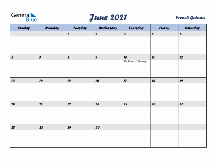 June 2021 Calendar with Holidays in French Guiana