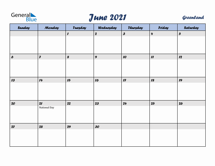 June 2021 Calendar with Holidays in Greenland
