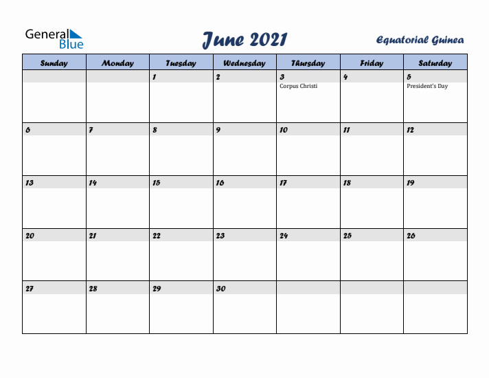 June 2021 Calendar with Holidays in Equatorial Guinea