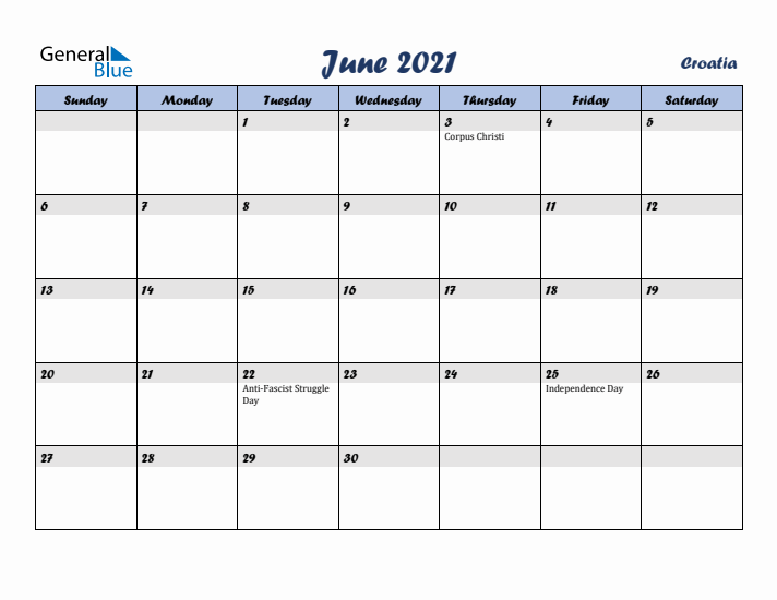 June 2021 Calendar with Holidays in Croatia