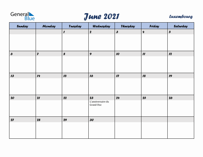 June 2021 Calendar with Holidays in Luxembourg